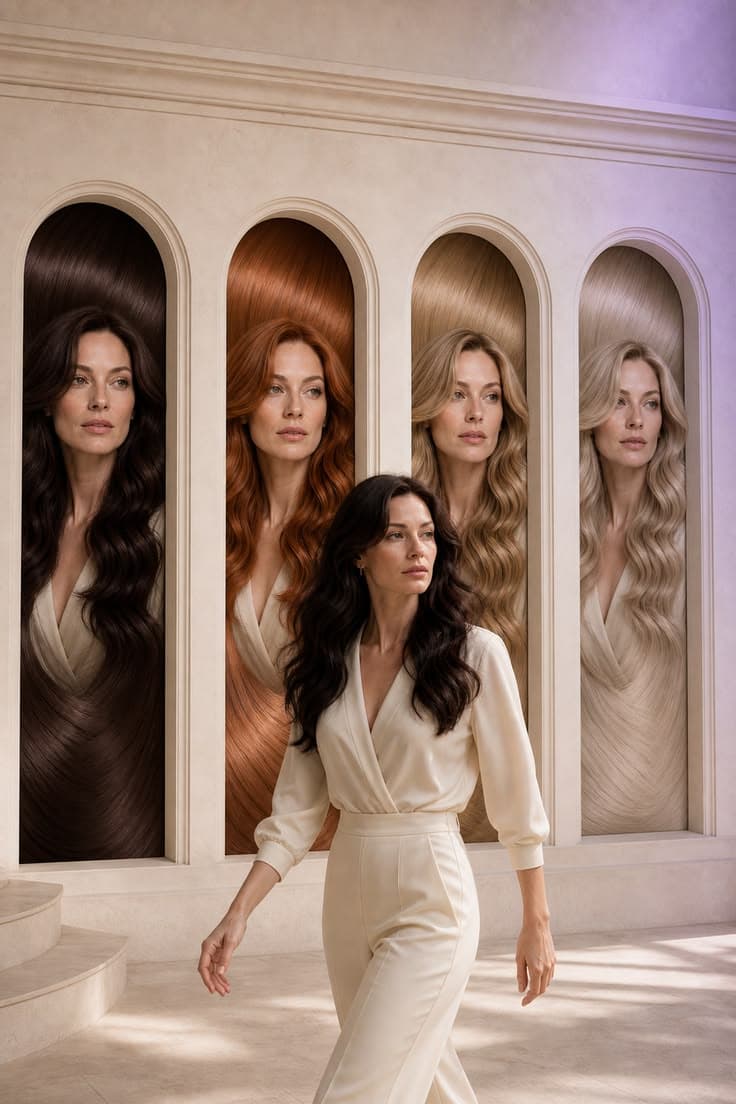 Woman walking through an editorial gallery of refined Zelora hair colour looks