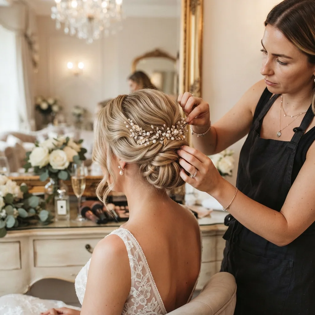 A bridal updo receiving its final details