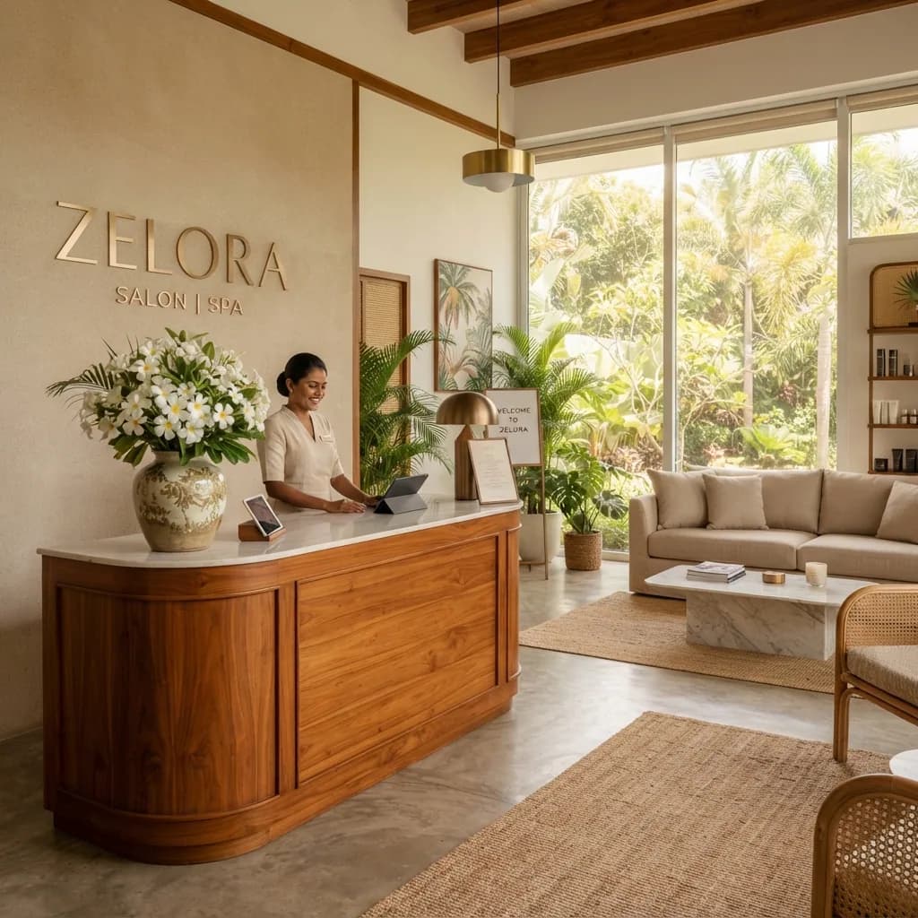 The warm Zelora reception and client lounge