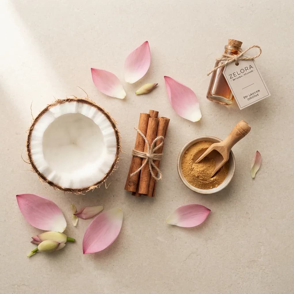 Sri Lankan wellness ingredients arranged for a Zelora ritual