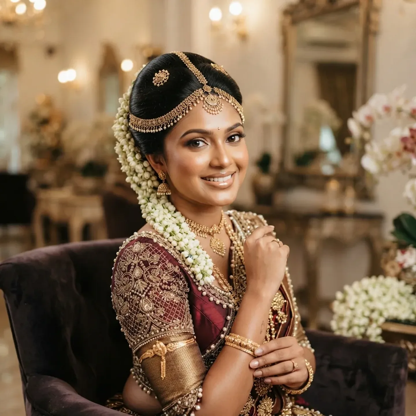 Sri Lankan bride in a burgundy bridal look