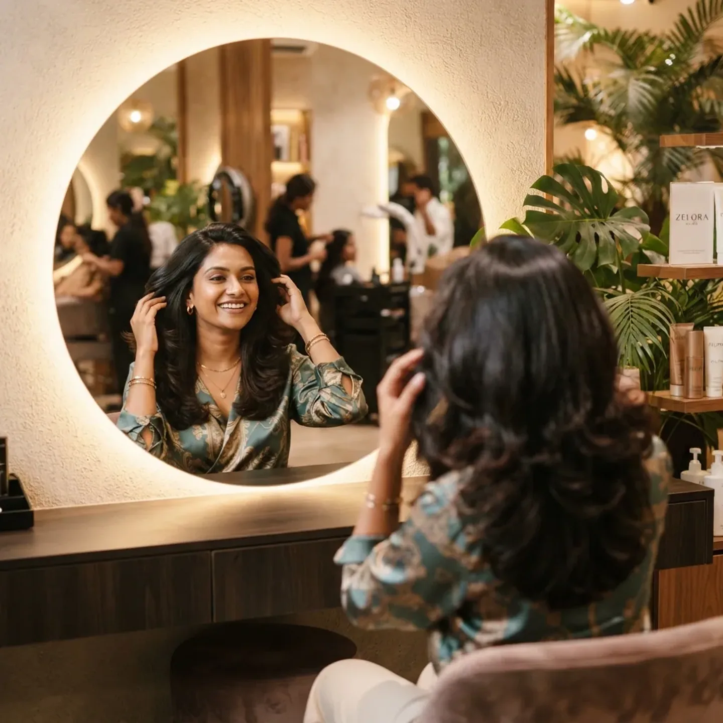 Engagement client viewing her finished look